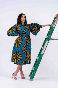 Jacinta Ankara Midi Shirt Dress | Green and Yellow African Print