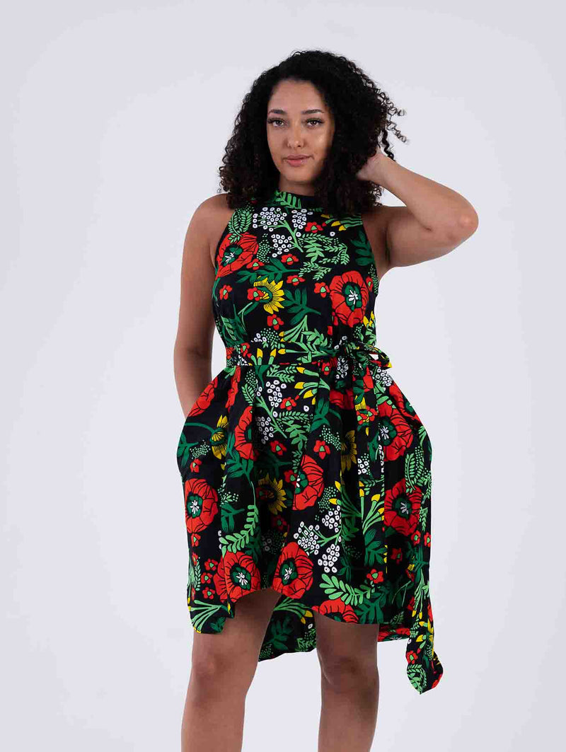 Zinny Ankara Sleeveless Dress | Green and Red African Print