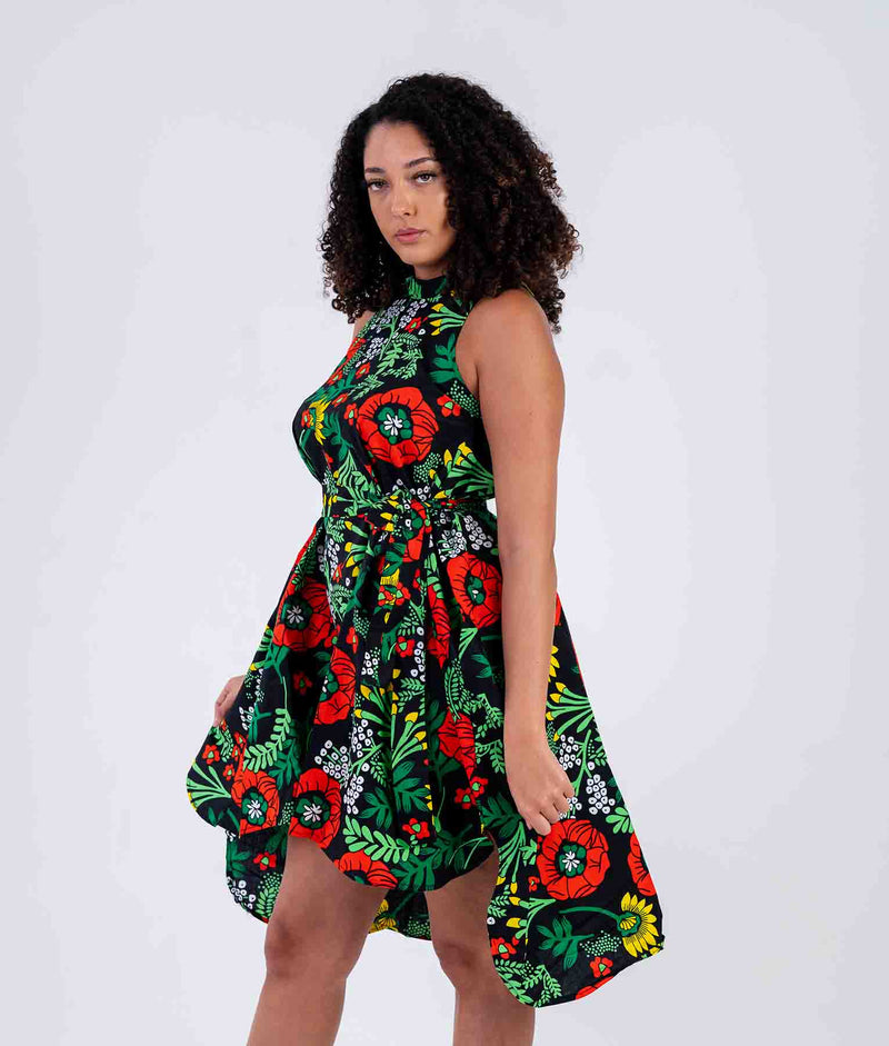 Zinny Ankara Sleeveless Dress | Green and Red African Print