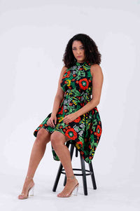 Zinny Ankara Sleeveless Dress | Green and Red African Print