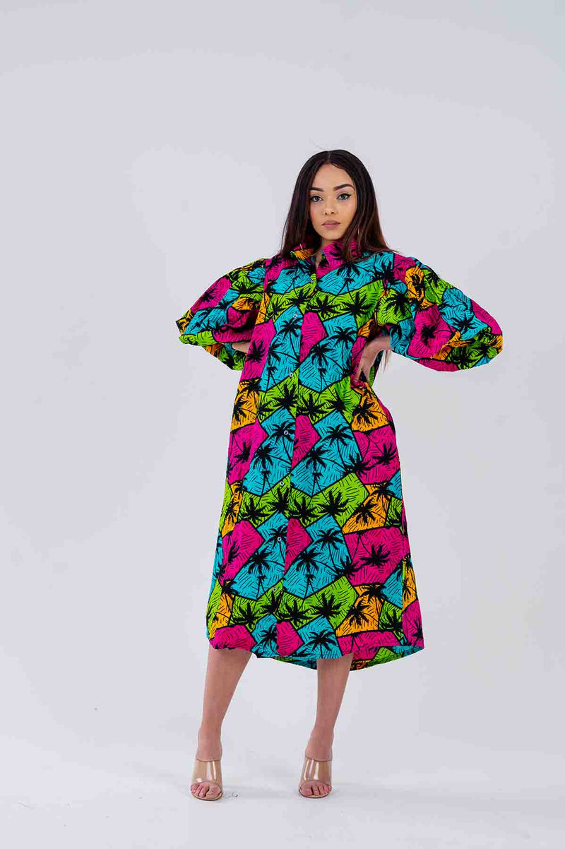 Jinny Ankara Shirt Dress | Pink and Green Multicolored African Print