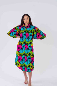 Jinny Ankara Shirt Dress | Pink and Green Multicolored African Print