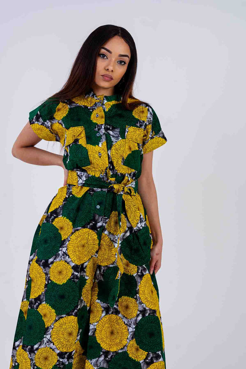 Kalisa Ankara Culotte Jumpsuit | Green and Yellow African Print