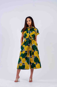 Kalisa Ankara Culotte Jumpsuit | Green and Yellow African Print