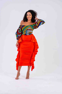 Aarah Ankara Midi Dress with Side ruffle | Red African Print