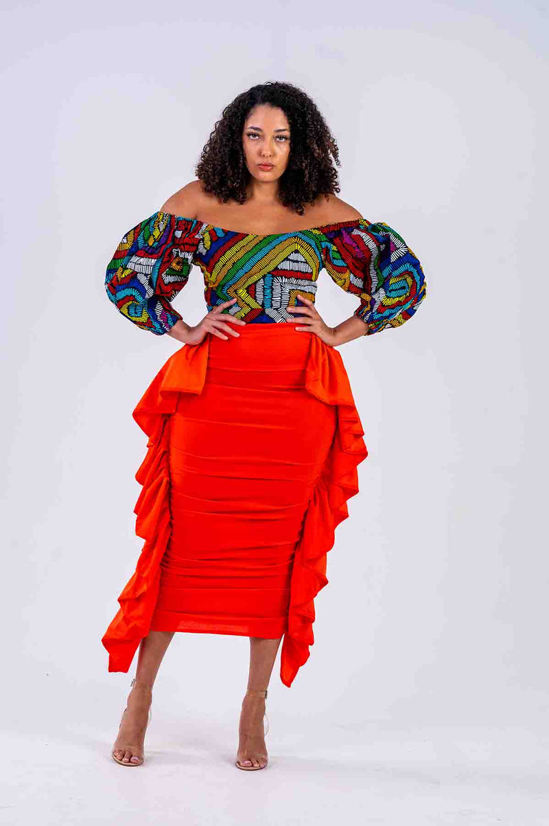 Aarah Ankara Midi Dress with Side ruffle | Red African Print