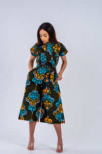 Kenny Ankara Culotte Jumpsuit | Green and Yellow African Print