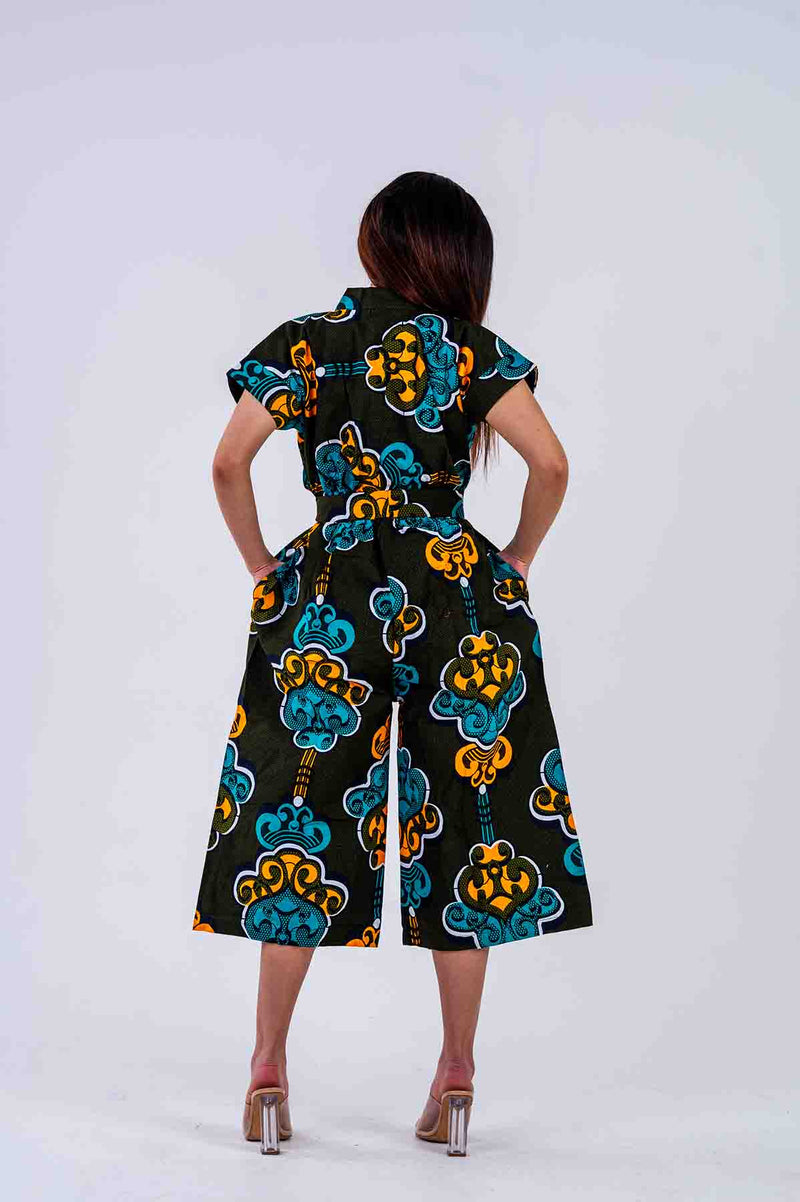 Kenny Ankara Culotte Jumpsuit | Green and Yellow African Print