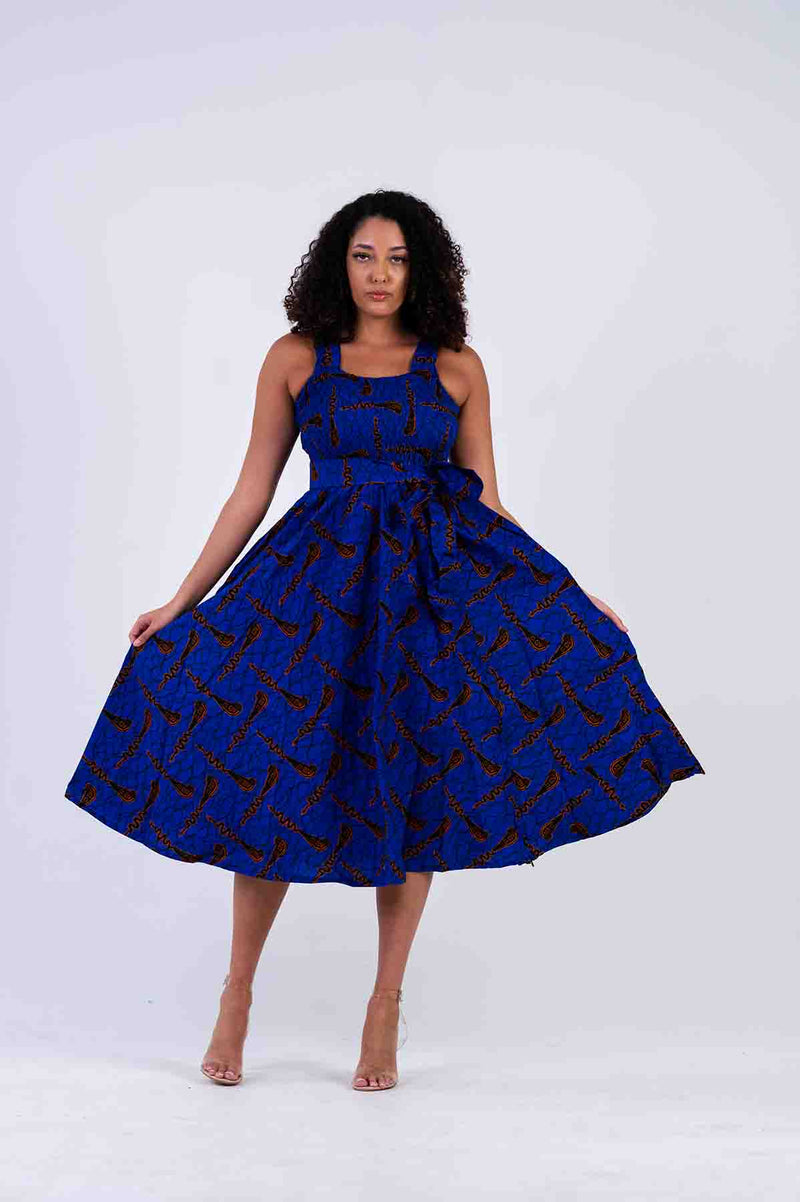 Brianna Ankara Midi Dress | Blue African Print