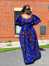 Nimi Ankara Off Shoulder Maxi Dress | Blue and Orange African Print