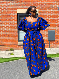 Nimi Ankara Off Shoulder Maxi Dress | Blue and Orange African Print