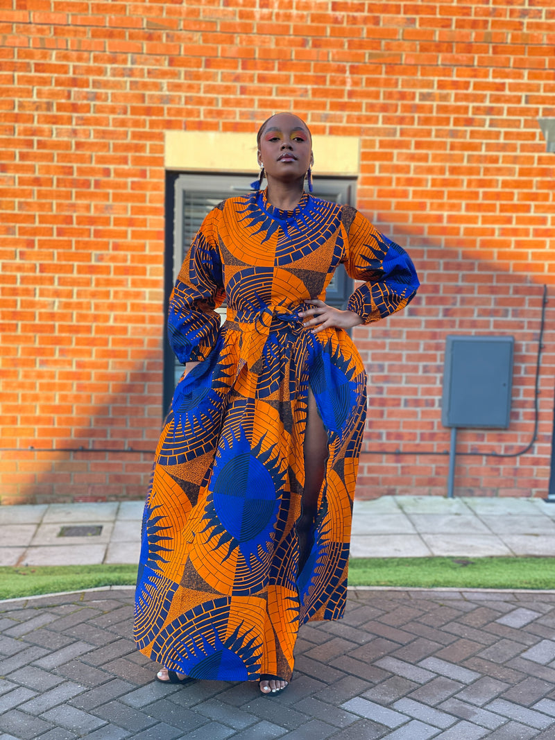 Etty Ankara Maxi Dress | Blue and Orange African Print