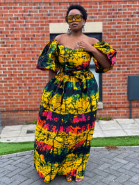 Brenie Ankara Off Shoulder Maxi Dress | Green and Yellow Multicoloured African Print