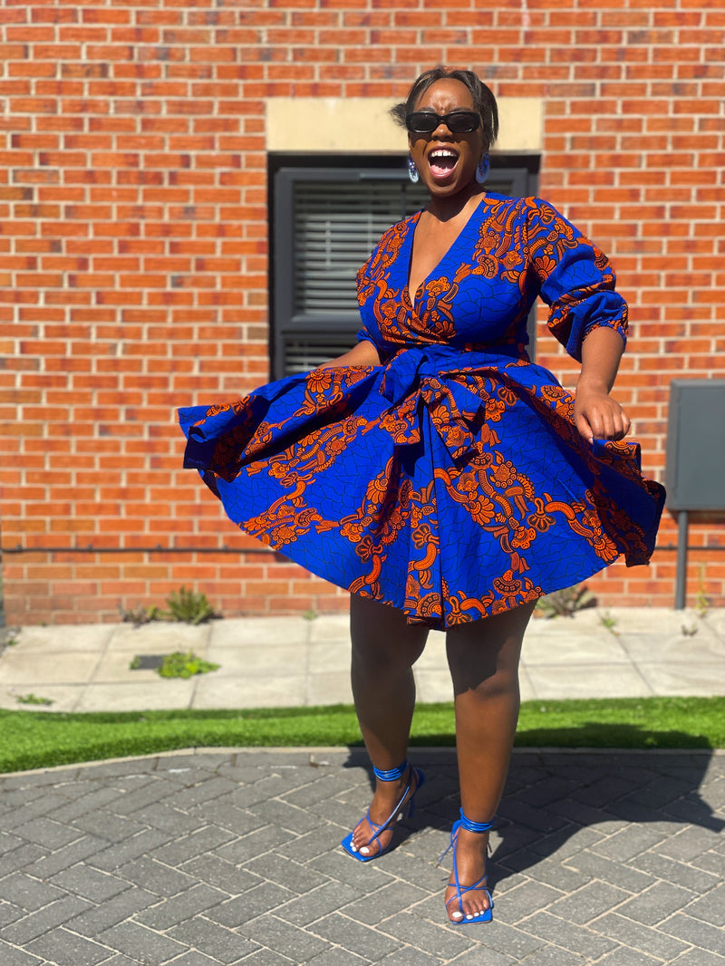 Bekky Ankara Mini Dress | Blue and Orange African Print