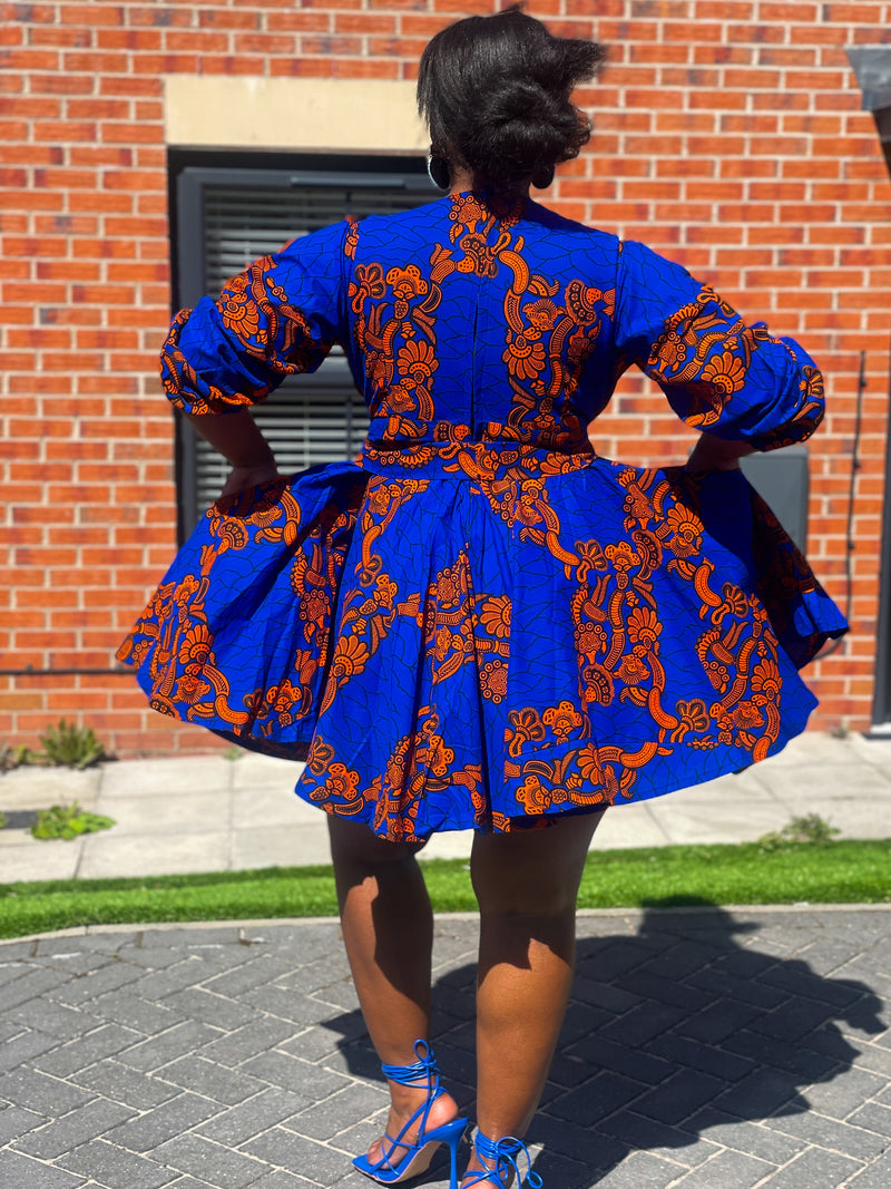 Bekky Ankara Mini Dress | Blue and Orange African Print