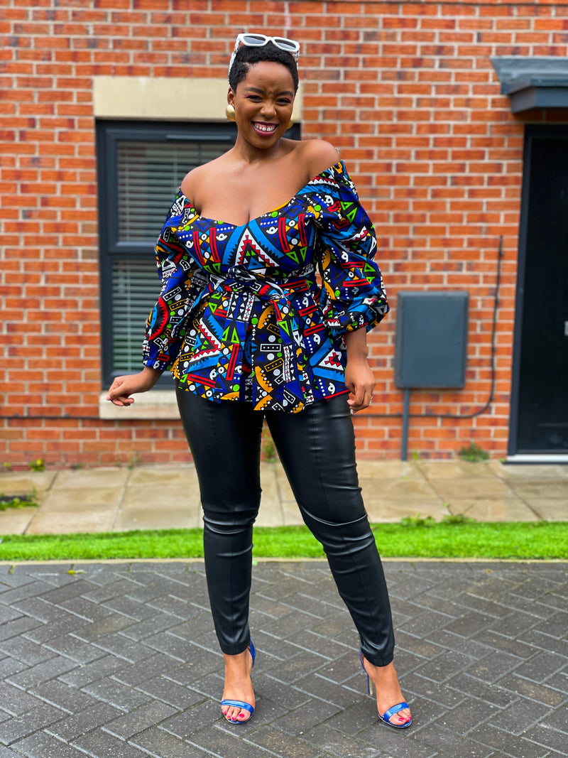 Chloe Ankara Peplum Top | Blue Multicoloured African Print