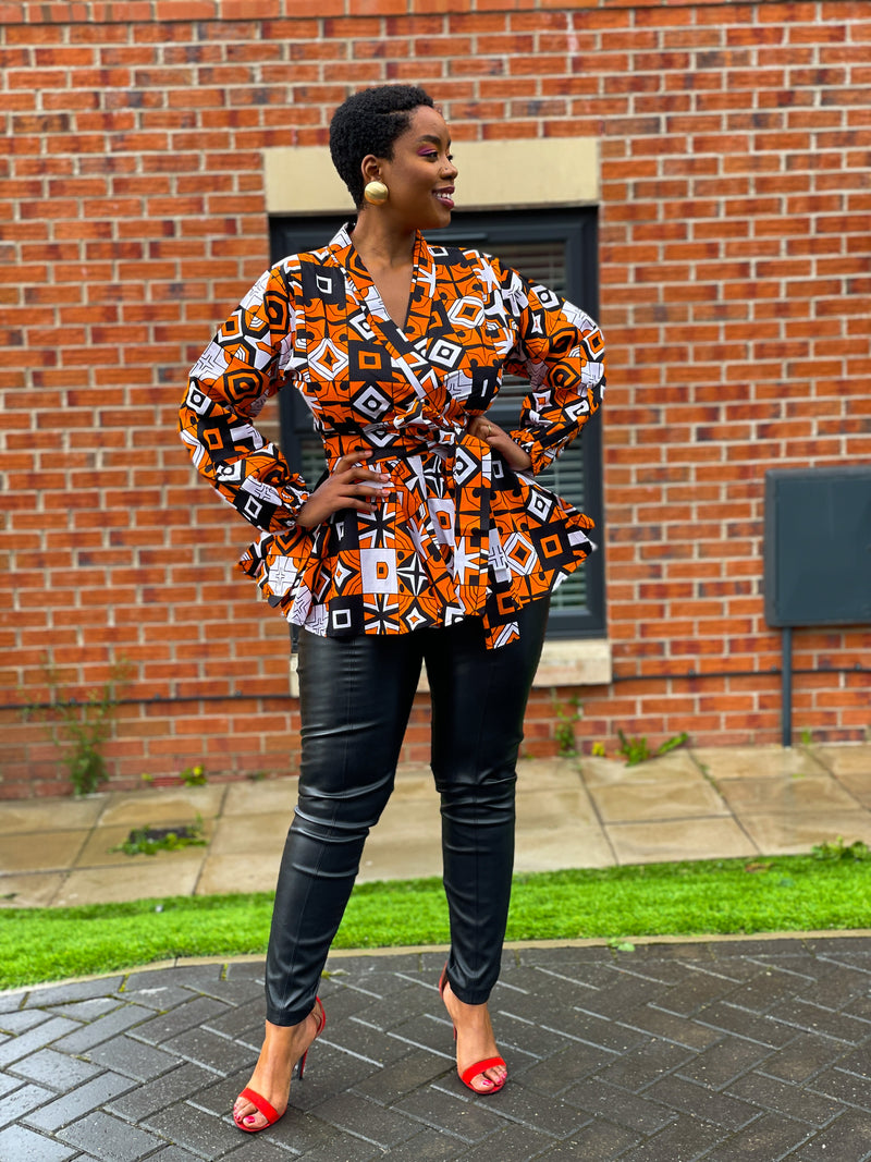 Celia Ankara Peplum Top | Yellow and White African Print