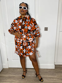 Isabel Ankara Shirt Dress | Orange and White African Print