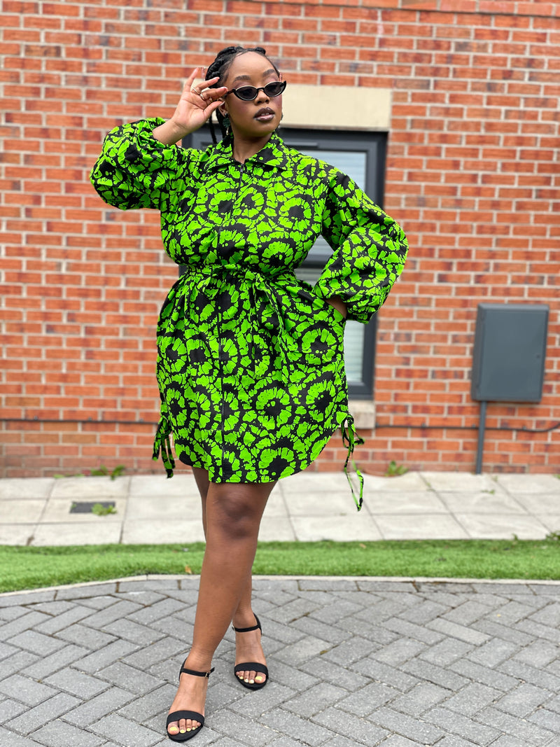 Irene Ankara Shirt Dress | Green and Black African Print