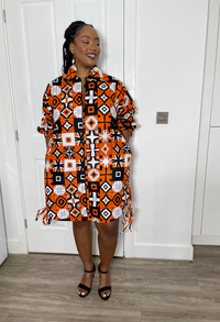 Isabel Ankara Shirt Dress | Orange and White African Print