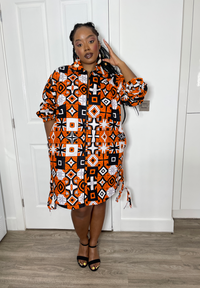 Isabel Ankara Shirt Dress | Orange and White African Print