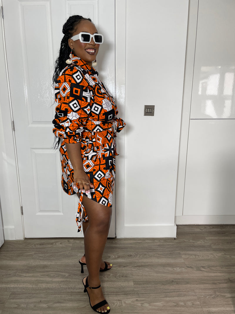 Isabel Ankara Shirt Dress | Orange and White African Print