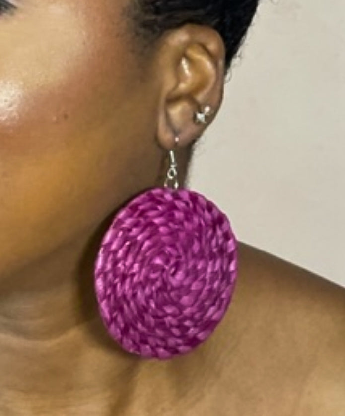 Dark Pink Circle Rattan Earring | African Rattan