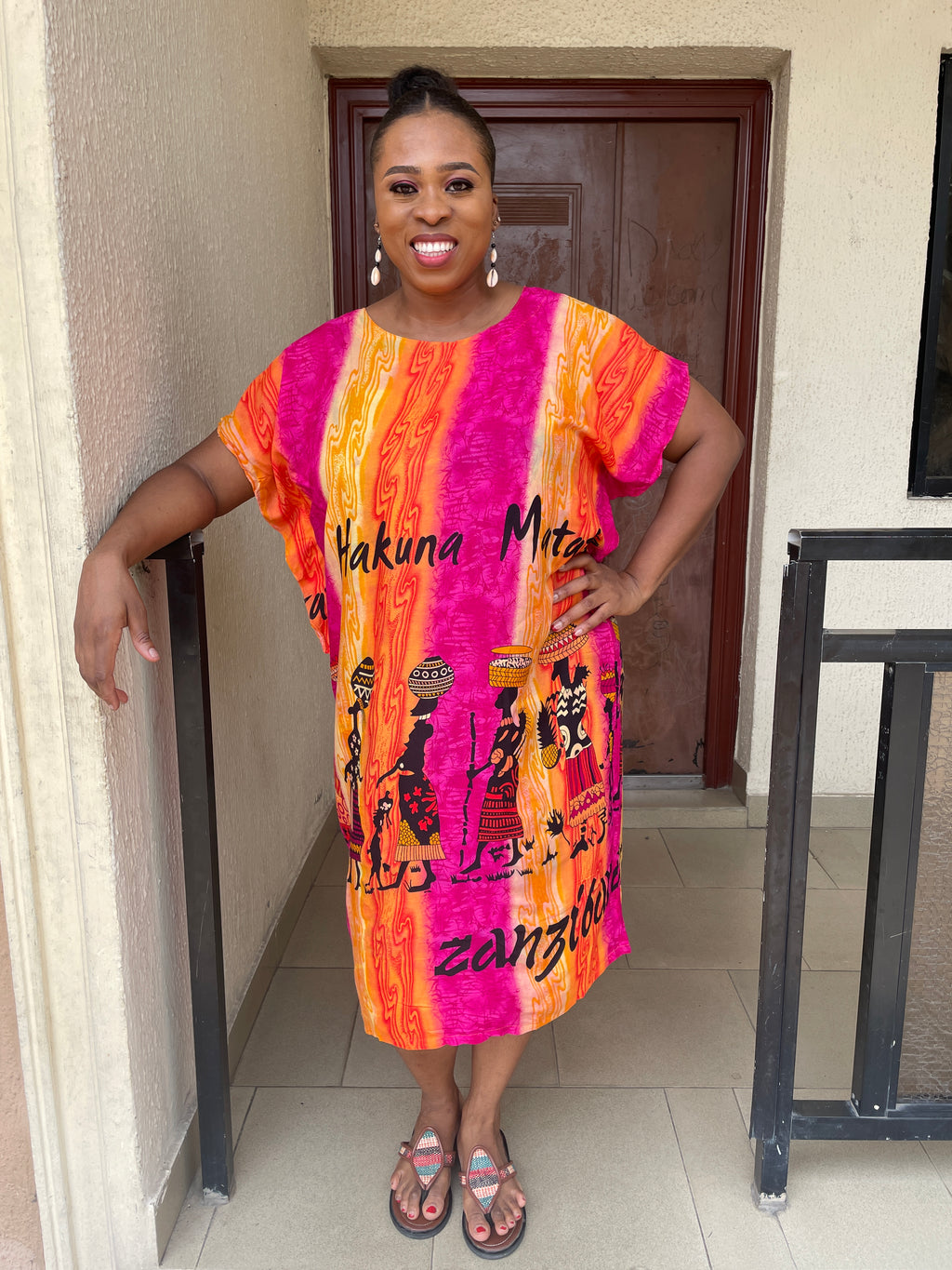 Eve Pink and Orange Midi African Tribal Dress