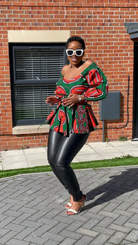 Cara Ankara Peplum Top | Green and Red African Print