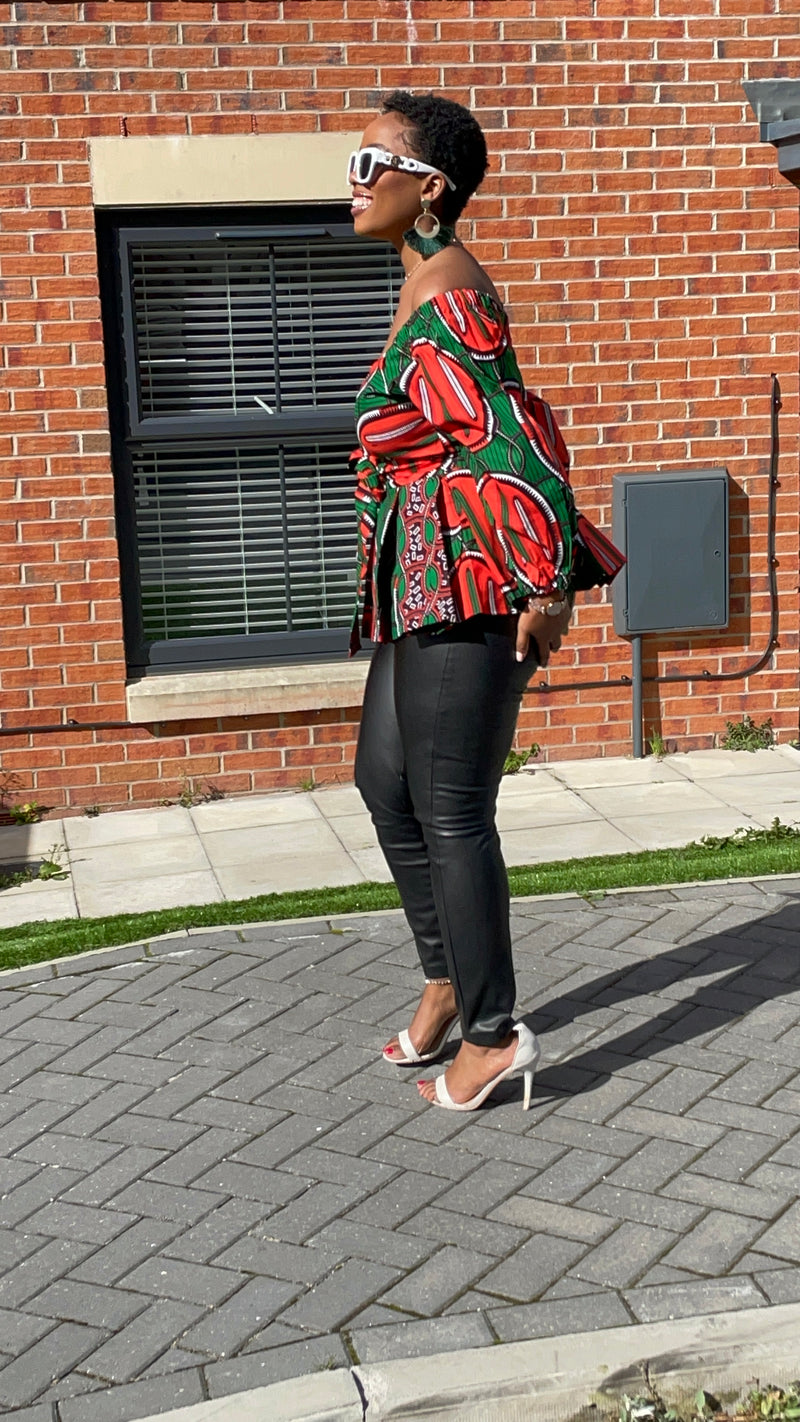 Cara Ankara Peplum Top | Green and Red African Print