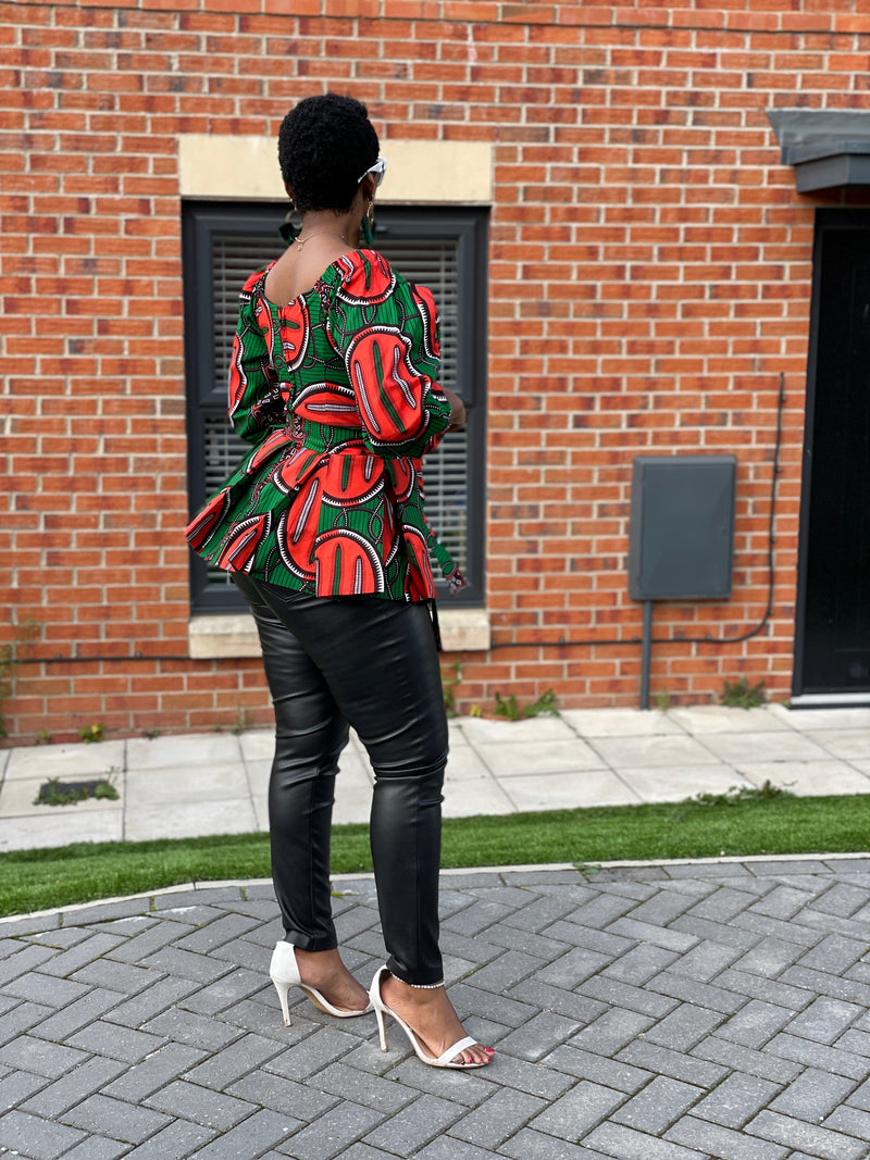 Cara Ankara Peplum Top | Green and Red African Print