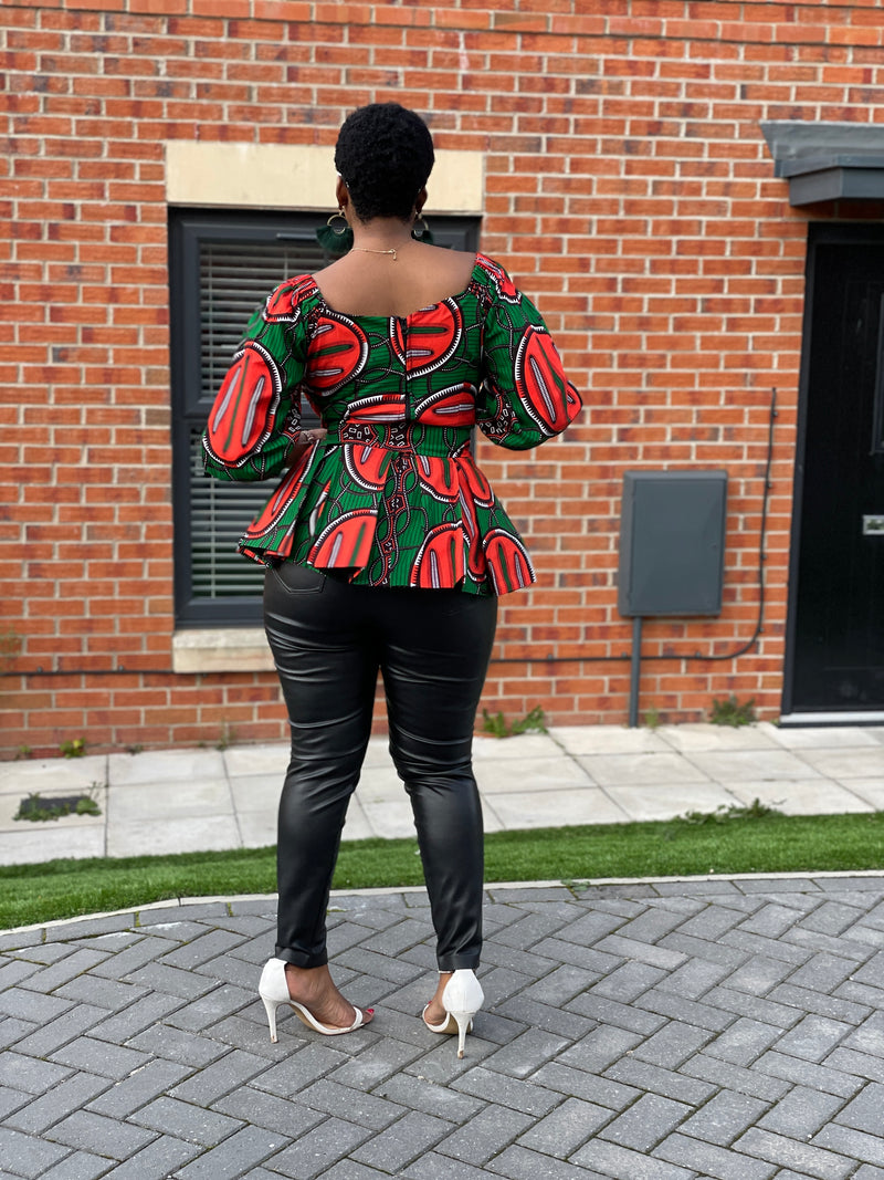 Cara Ankara Peplum Top | Green and Red African Print