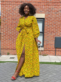 Ainsley Ankara Maxi Dress|Yellow African Floral Print