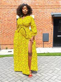 Ainsley Ankara Maxi Dress|Yellow African Floral Print