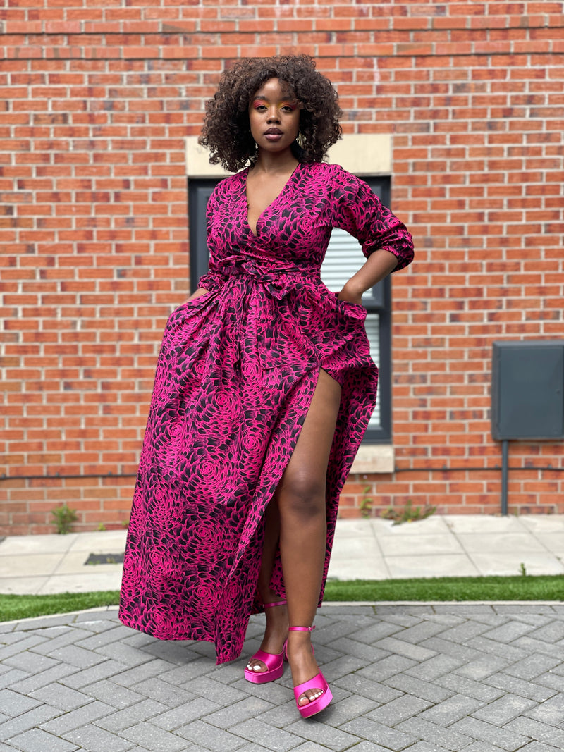 Aurelia Ankara Maxi Dress | Pink and Black African Print