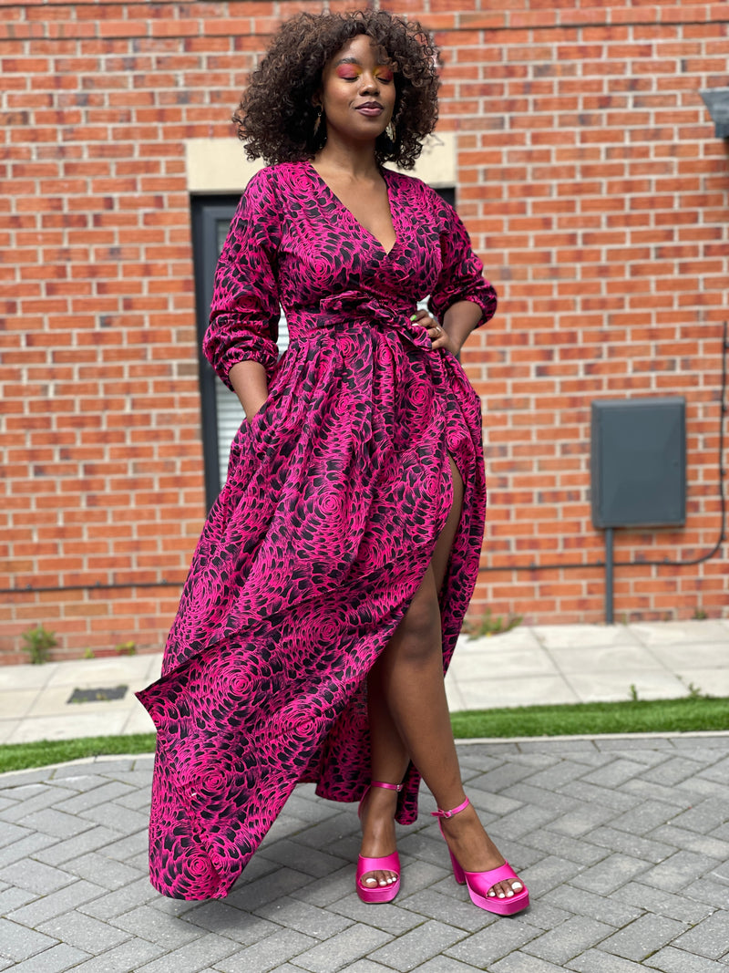 Aurelia Ankara Maxi Dress | Pink and Black African Print