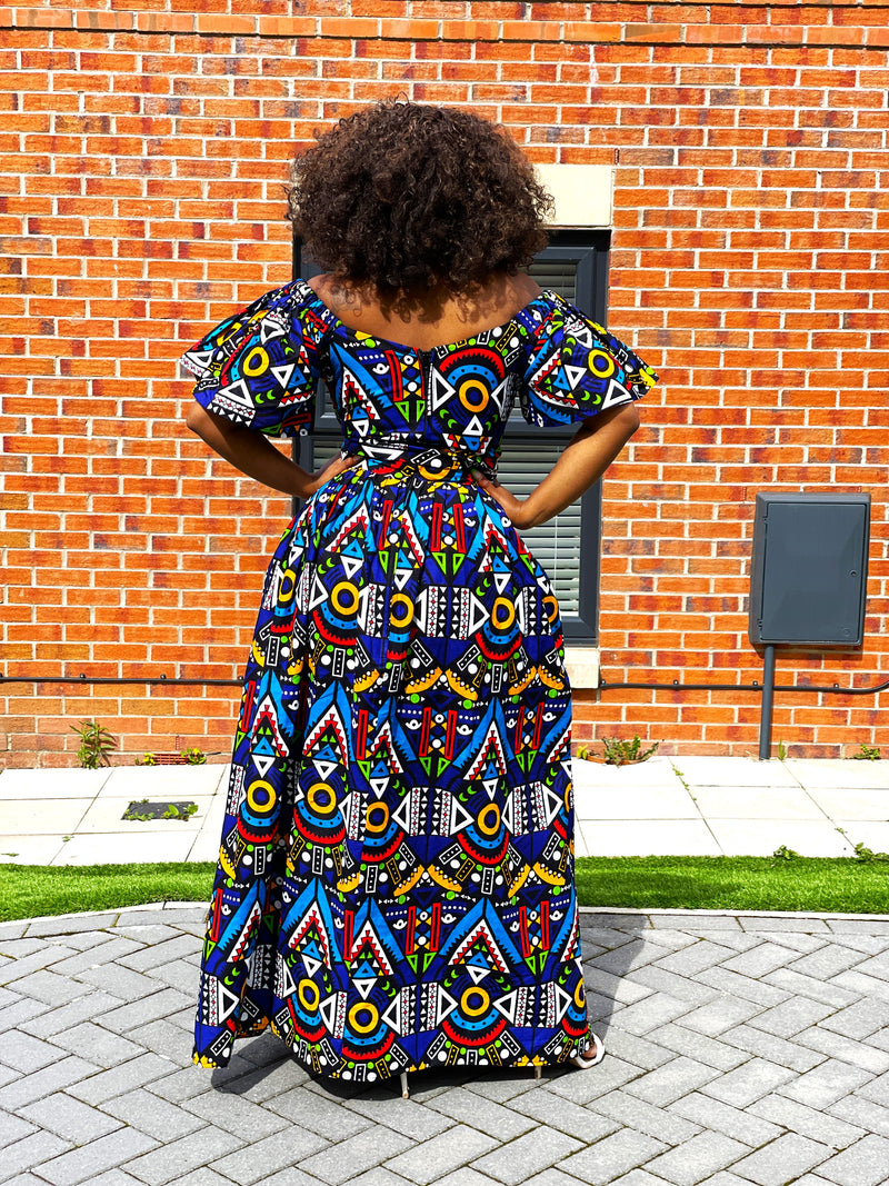 Apphia Ankara Maxi Dress | Blue Multicoloured African Tribal Print