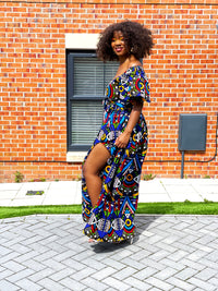 Apphia Ankara Maxi Dress | Blue Multicoloured African Tribal Print