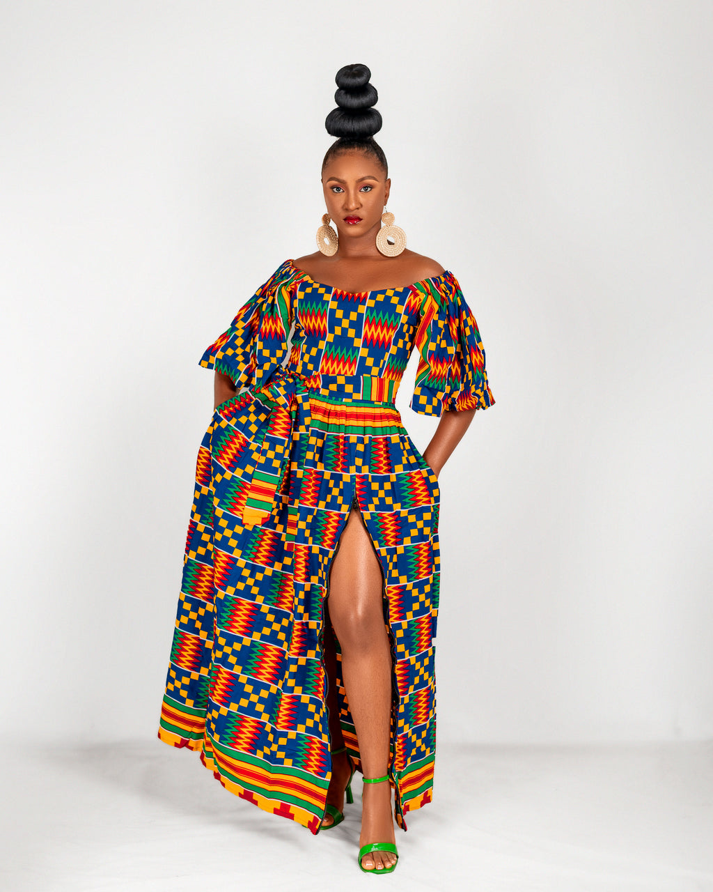 Nicole Ankara Off Shoulder Maxi Dress | Kente Multicoloured African Print