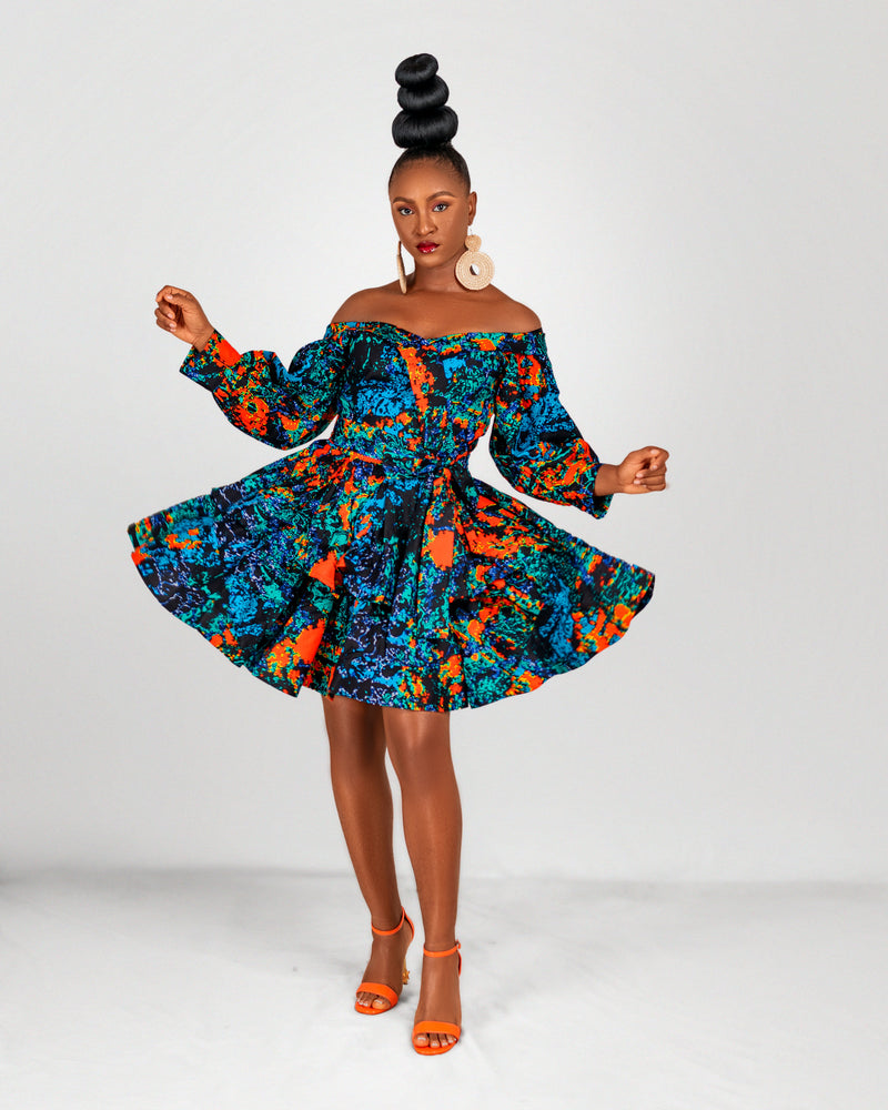 Peng Ankara Mini Dress | Blue Orange Multicoloured  Print