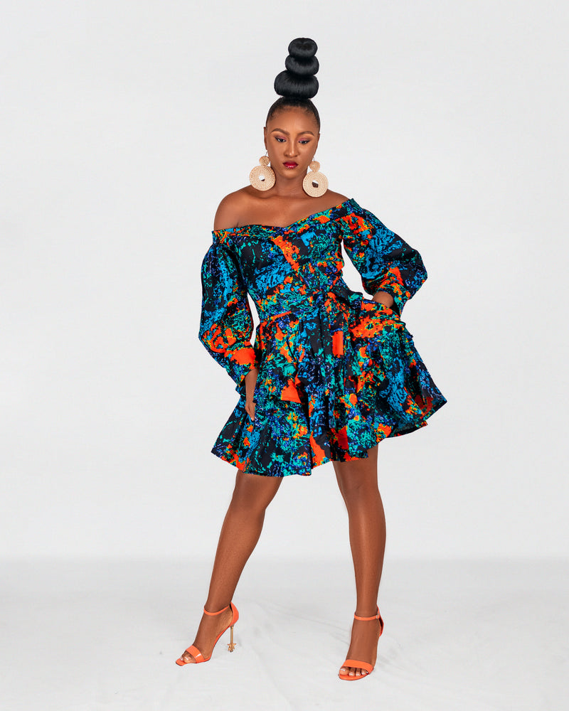 Peng Ankara Mini Dress | Blue Orange Multicoloured  Print