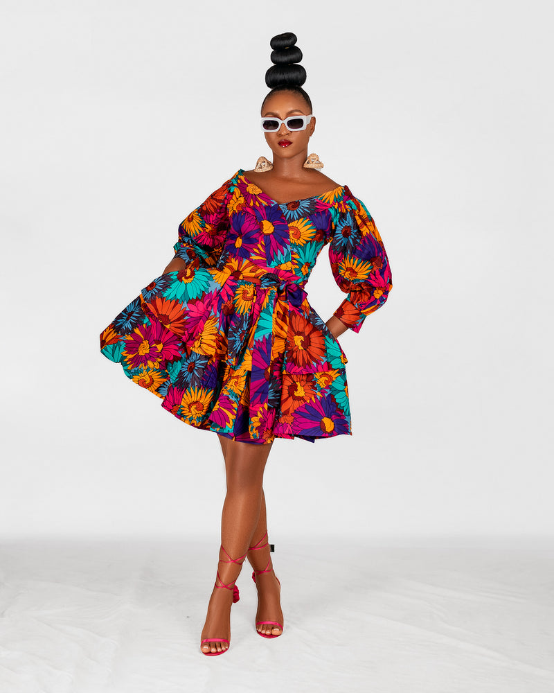 Pamela Ankara Mini Dress | Pink and Blue Multicoloured African Print