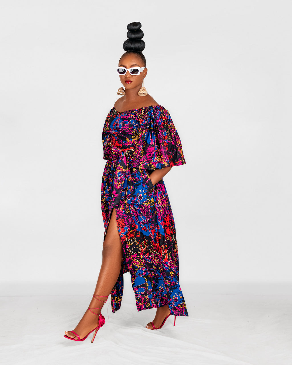 Nana Ankara Off Shoulder Maxi Dress | Blue and Pink Multicoloured African Print