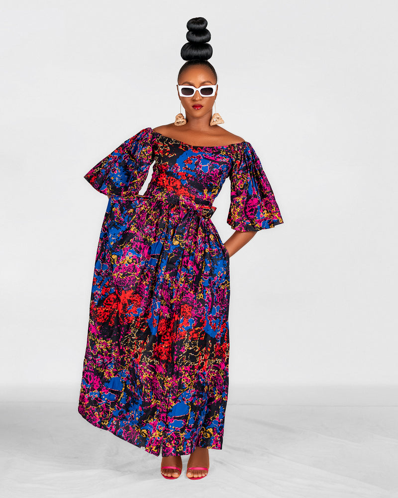 Nana Ankara Off Shoulder Maxi Dress | Blue and Pink Multicoloured African Print