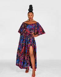 Nana Ankara Off Shoulder Maxi Dress | Blue and Pink Multicoloured African Print