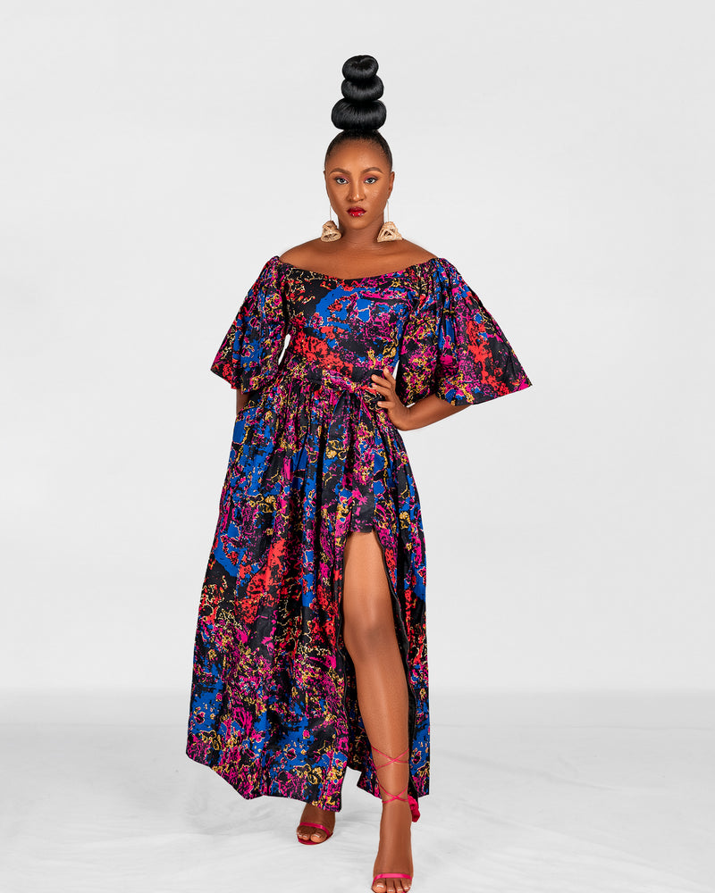 Nana Ankara Off Shoulder Maxi Dress | Blue and Pink Multicoloured African Print