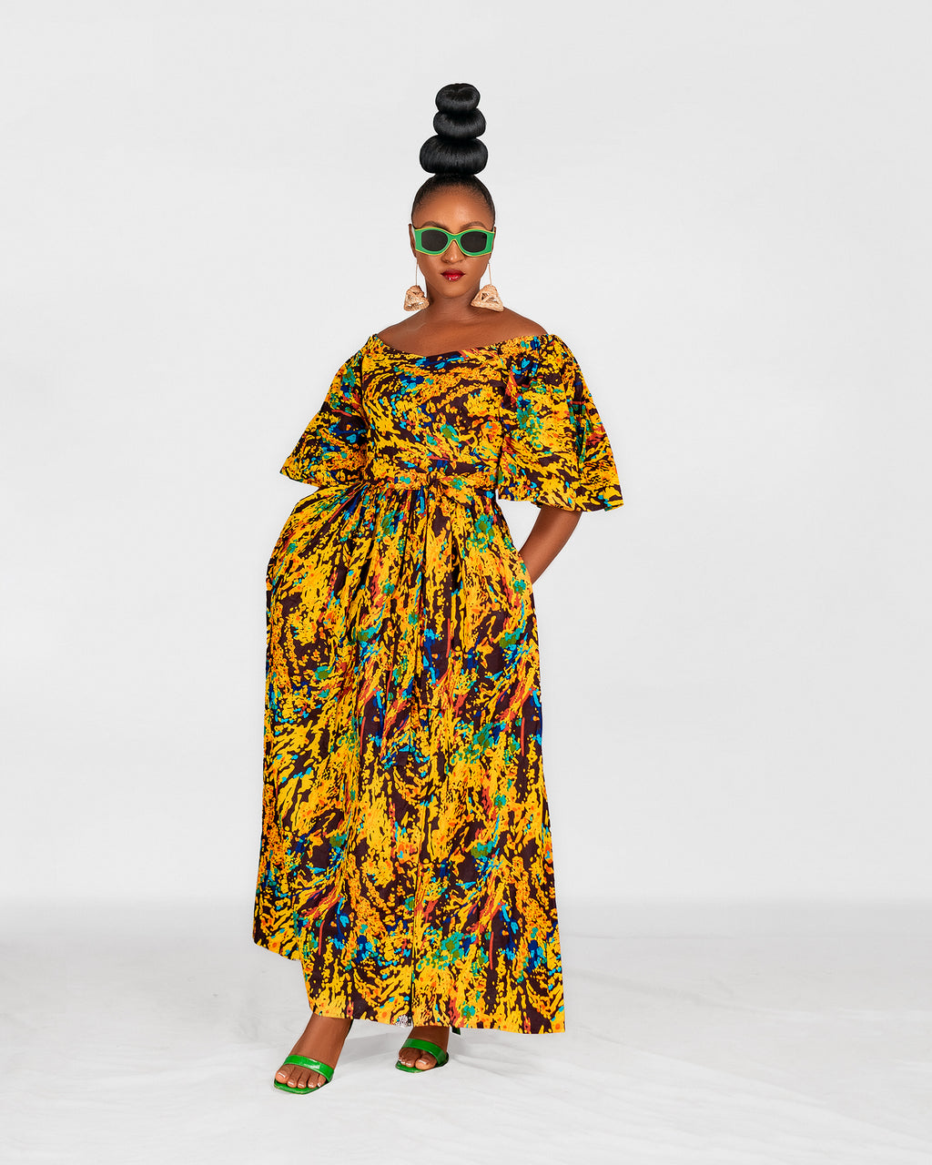 Nadia Ankara Off Shoulder Maxi Dress | Yellow Multicoloured African Print