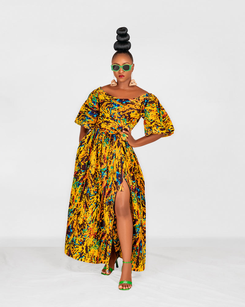 Nadia Ankara Off Shoulder Maxi Dress | Yellow Multicoloured African Print