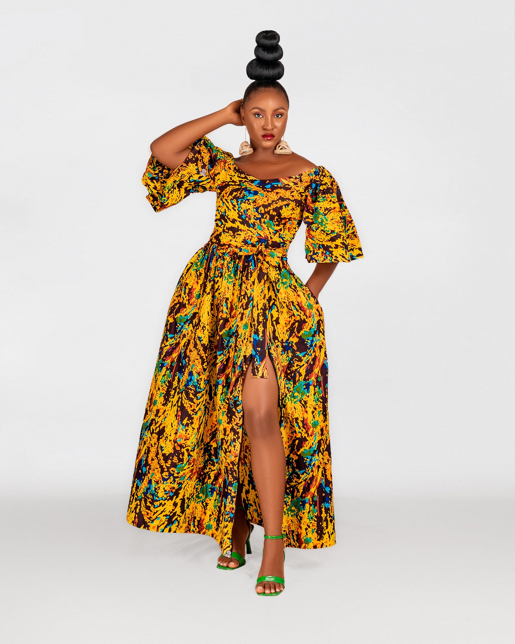 Nadia Ankara Off Shoulder Maxi Dress Yellow Multicoloured African Pr M.A.DKollection