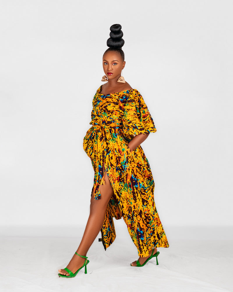 Nadia Ankara Off Shoulder Maxi Dress | Yellow Multicoloured African Print